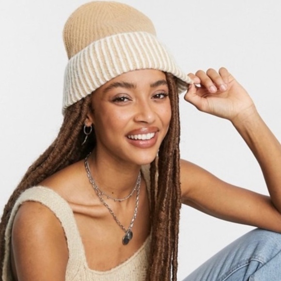 Free People Accessories - Free People  | Tan & Cream Ribbed Cuffed Beanie Hat Neutral